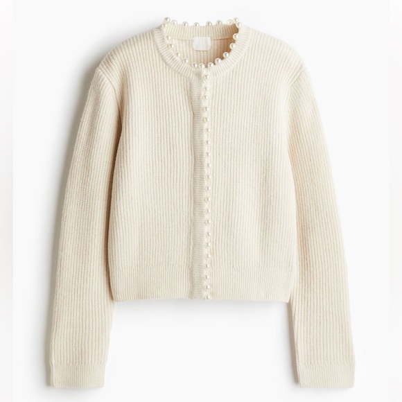 H&M pearl embellished rib knit cardigan cream/ pearl bead - Picture 2 of 5